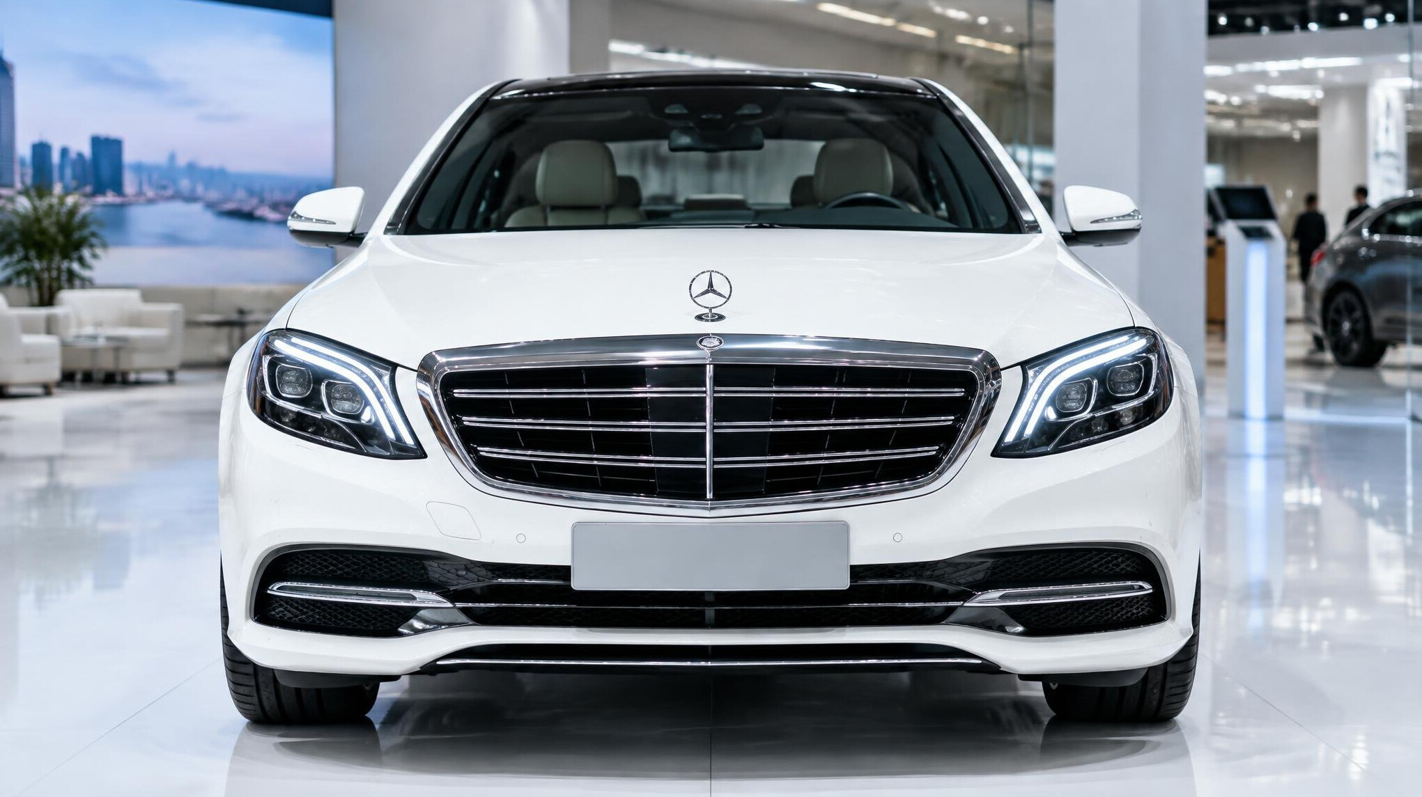 White luxury sedan photographed from the front