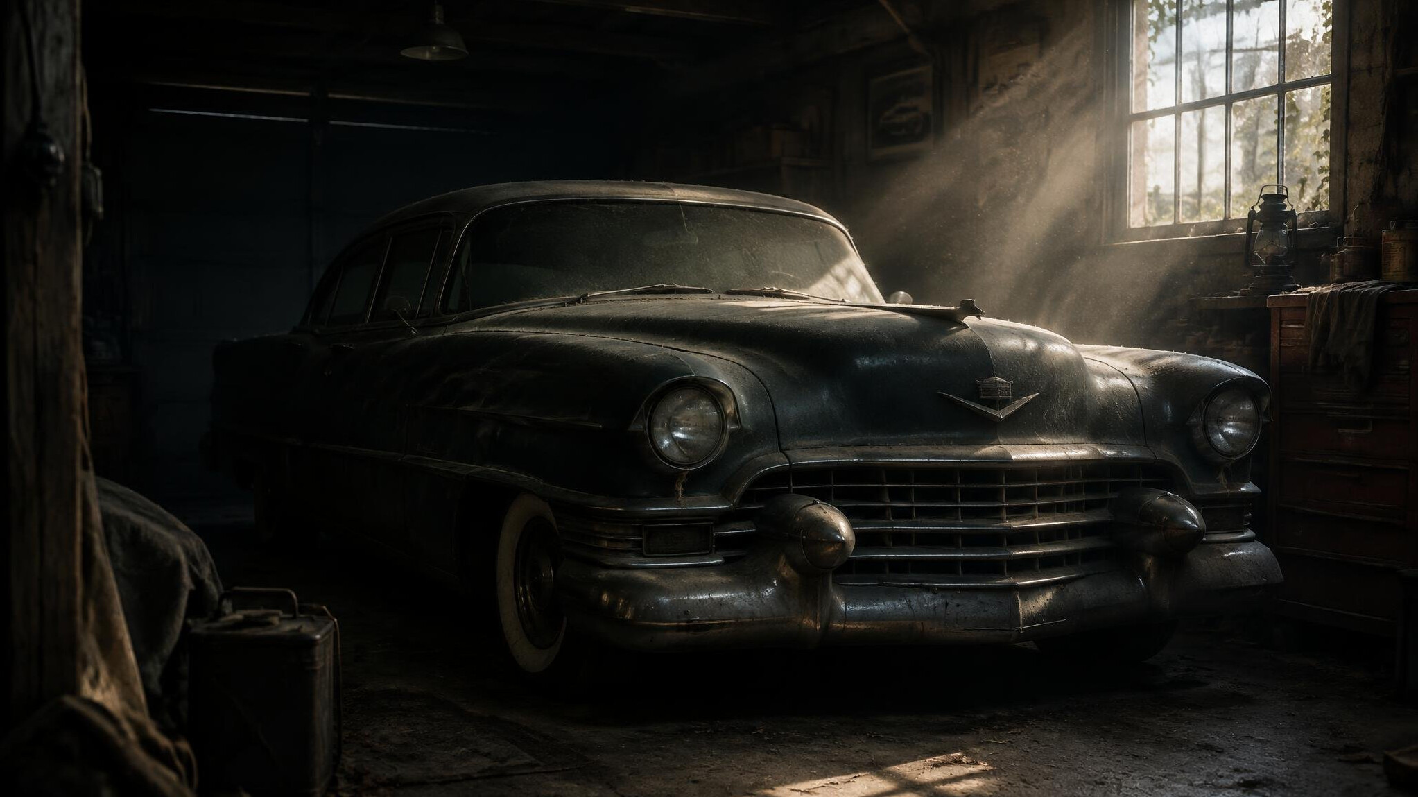 Old forgotten car covered in dust inside a garage