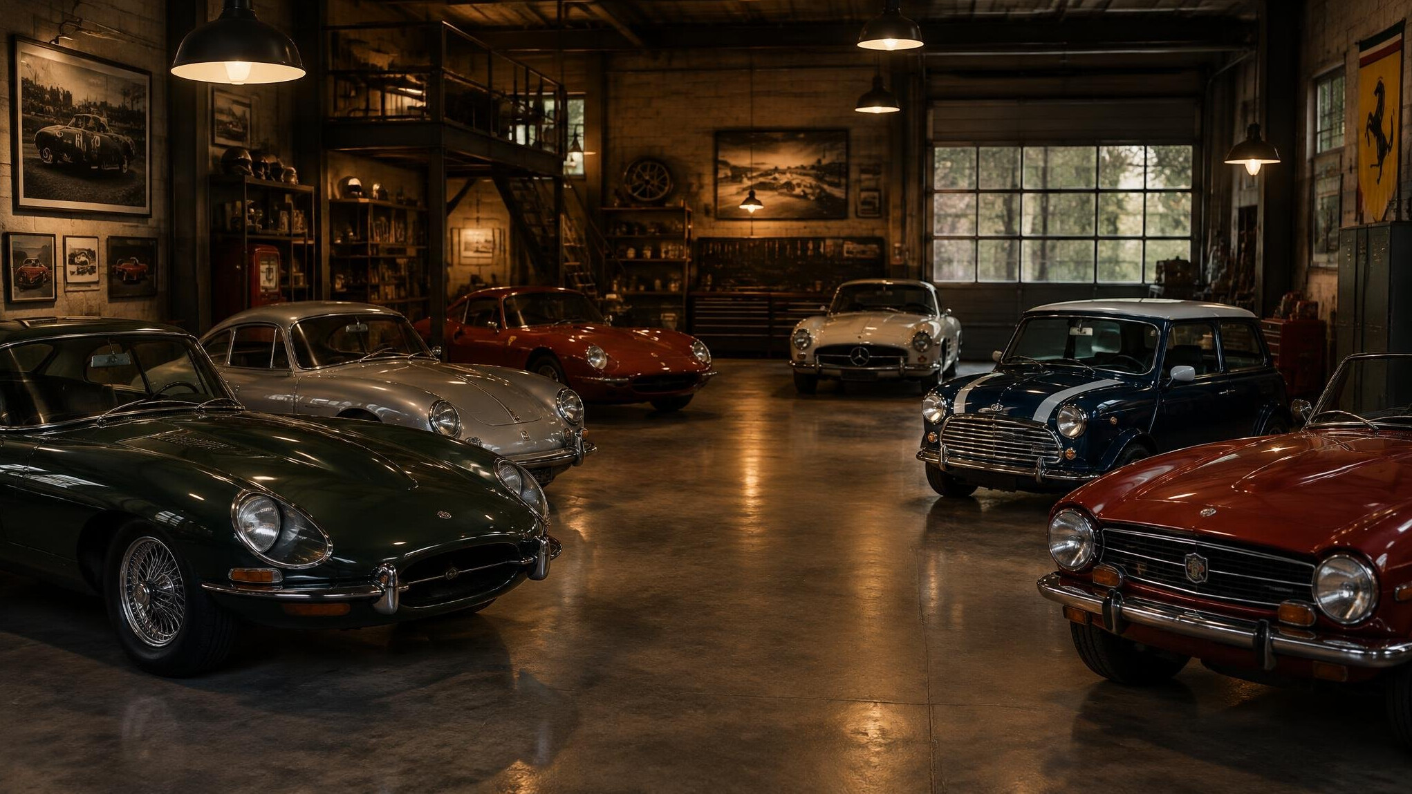 Workshop garage with tools and a car on a lift