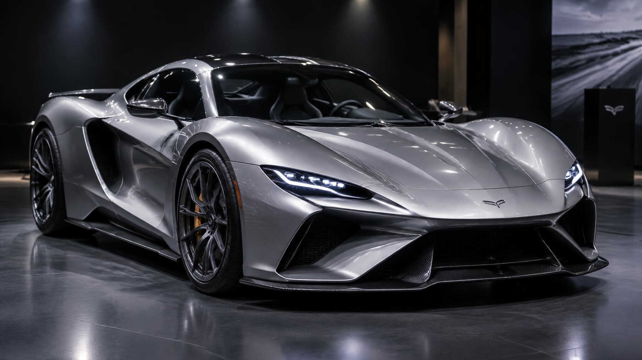 Silver hypercar front view in a showroom