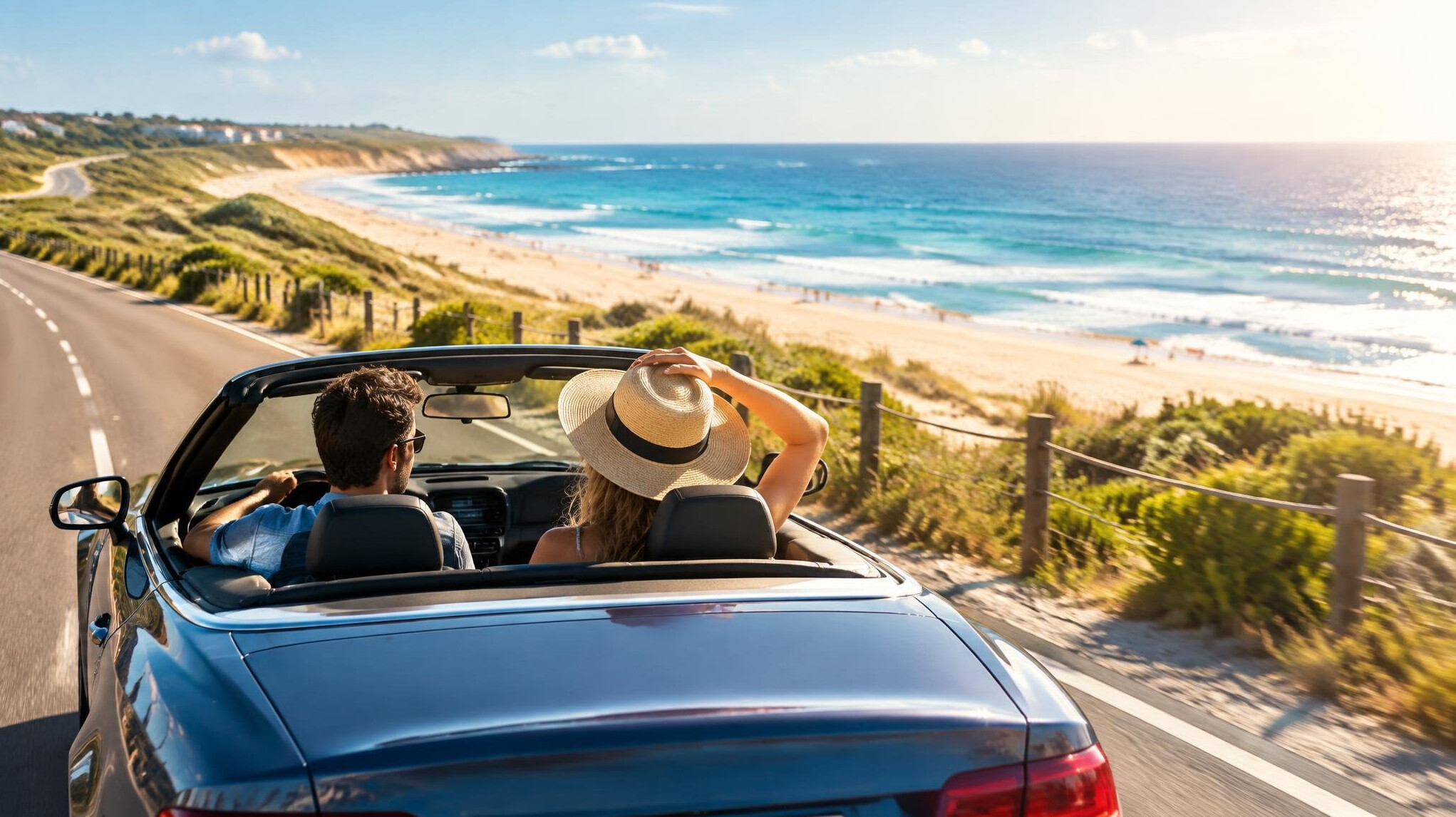 Car driving along a scenic coastal road in summer