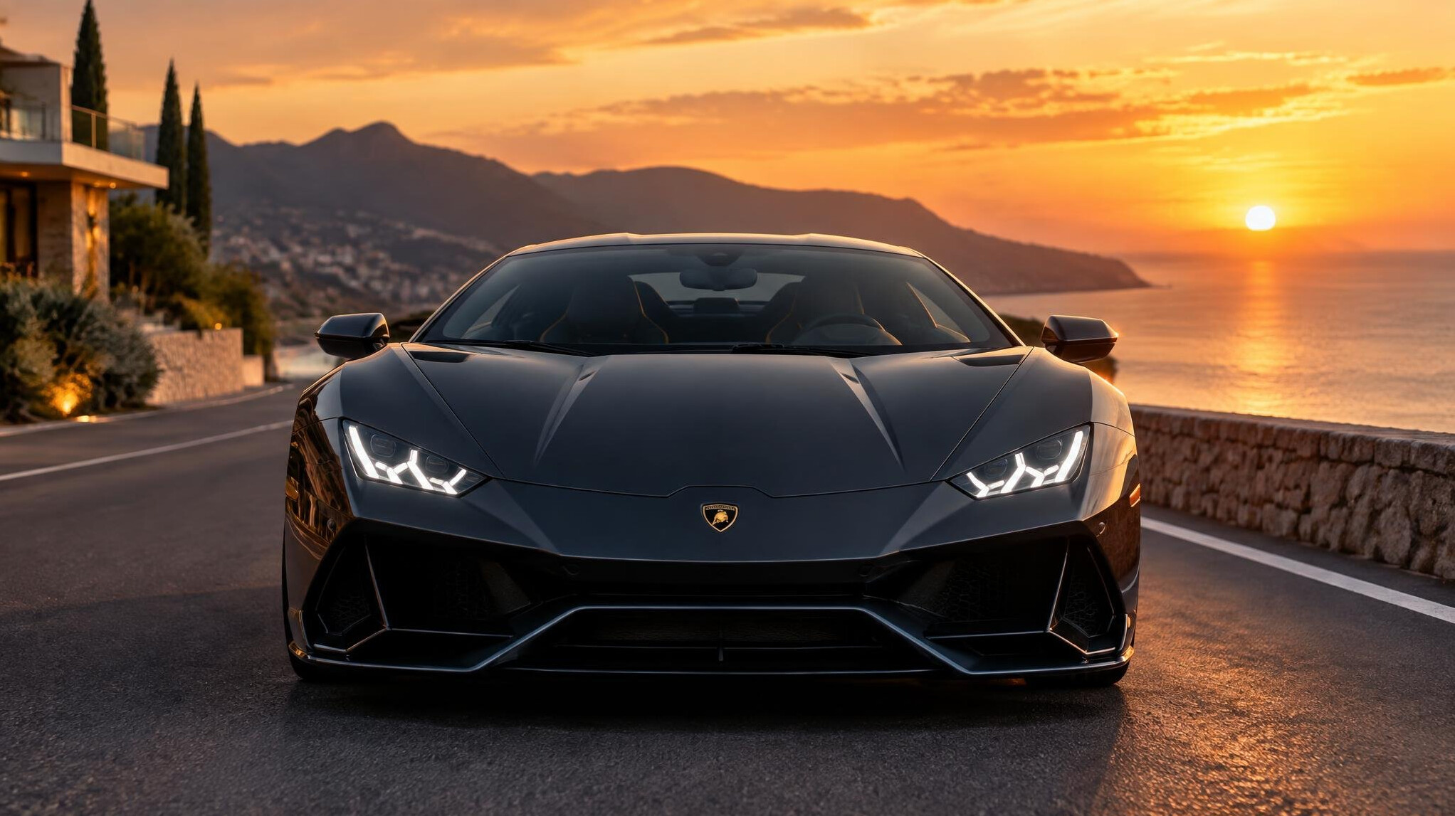 luxury car parked at sunset