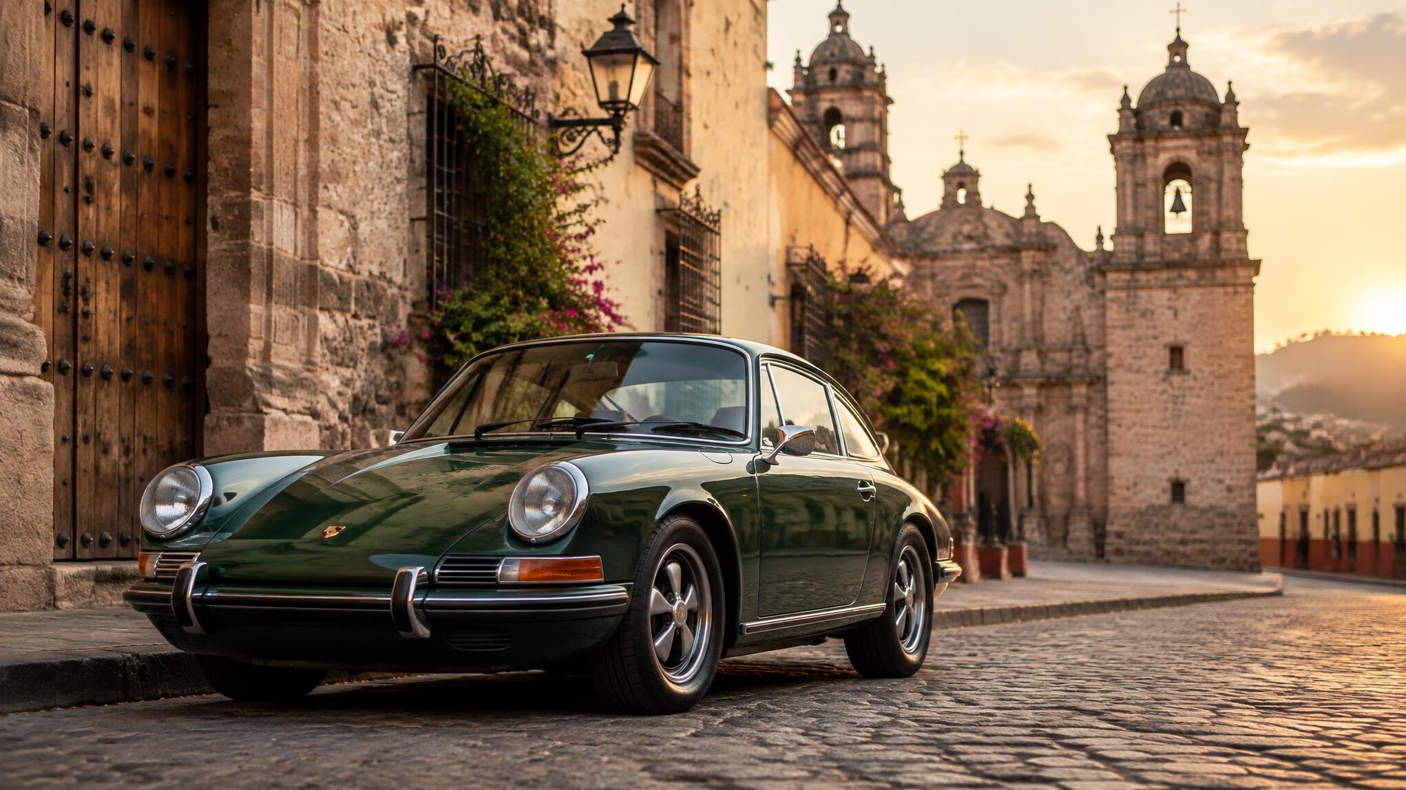 Classic sports car parked in front of an old building