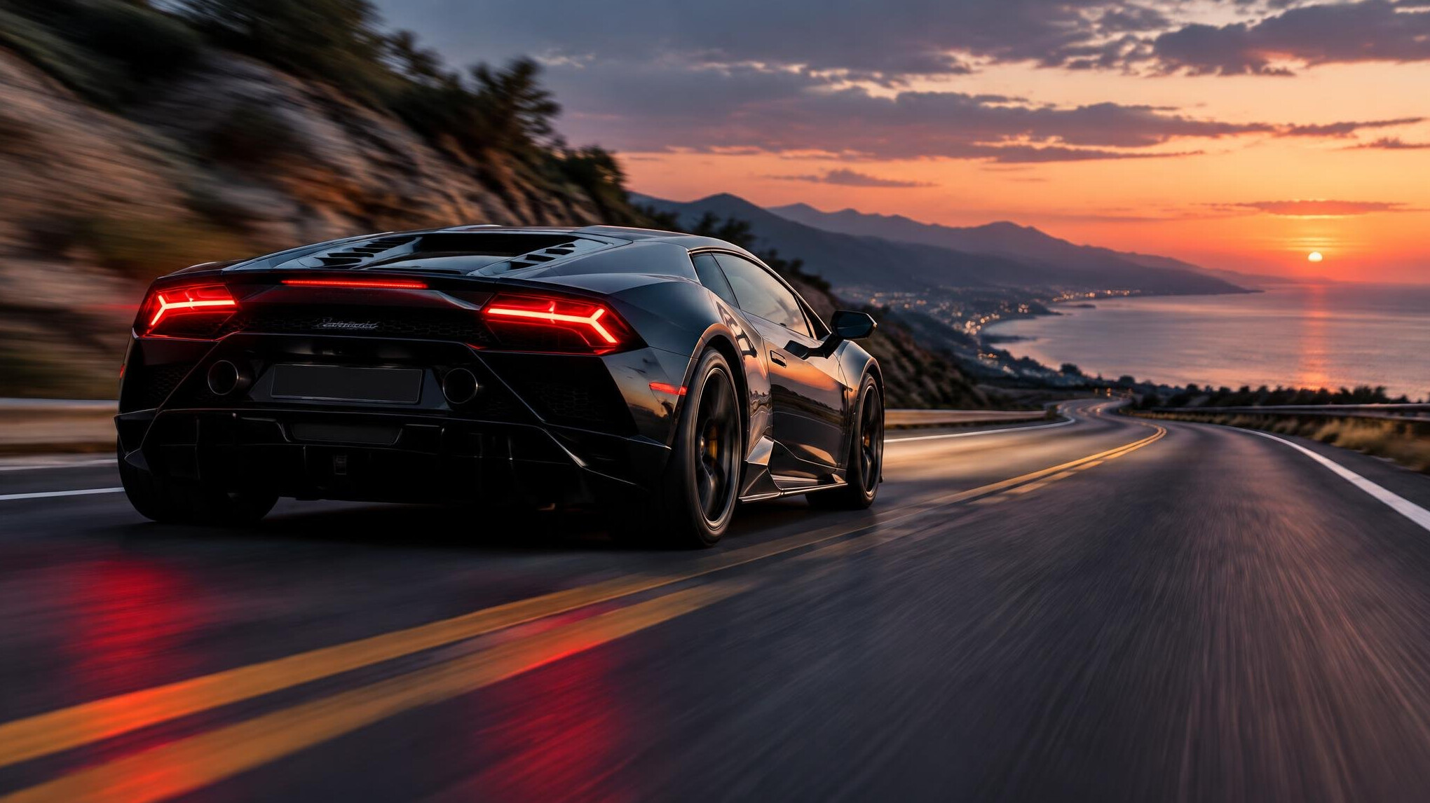 Modern performance car on a road at dusk